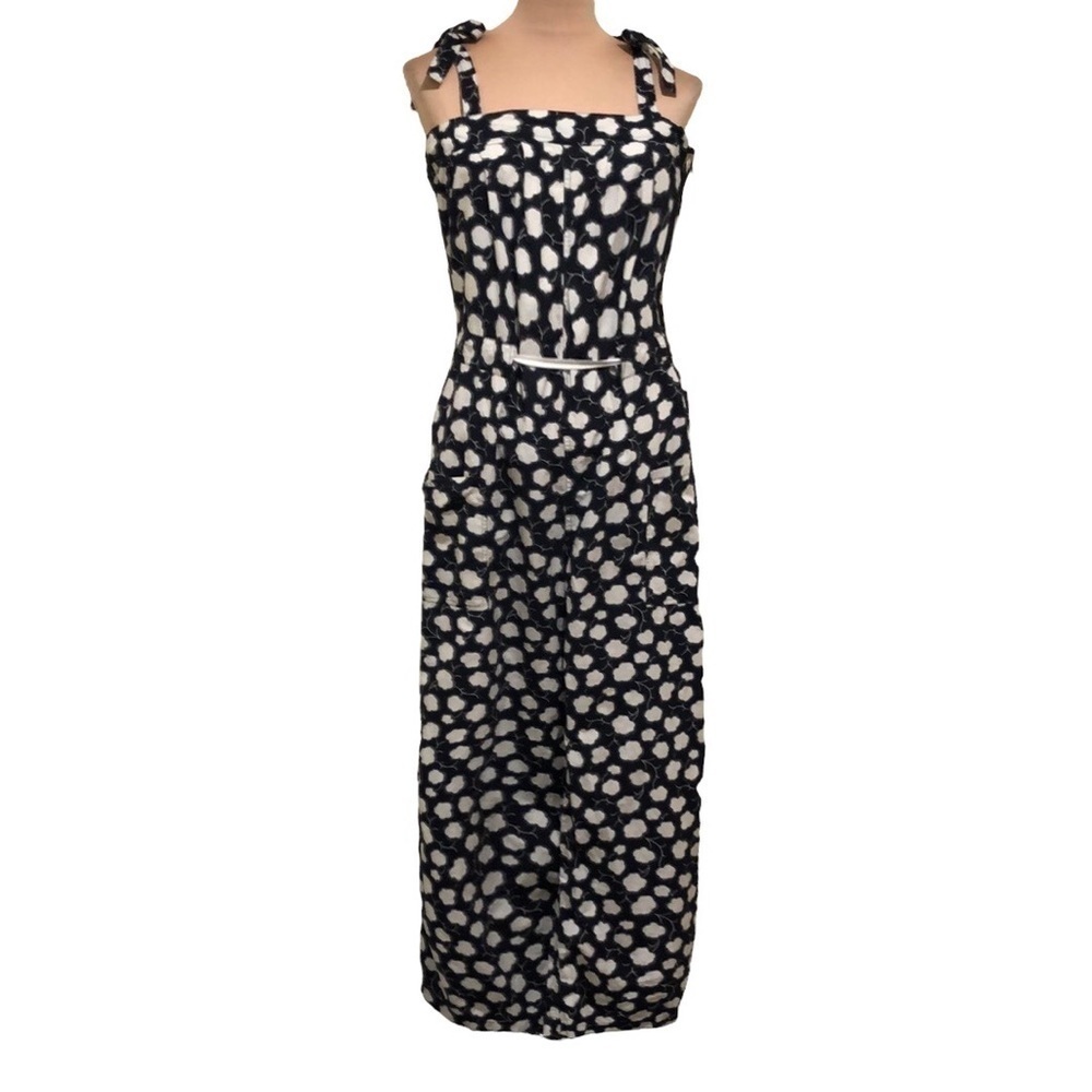 Warm Jessie Jumpsuit Size Large 10 12 Black Floral Wide Leg Bow Tie Straps